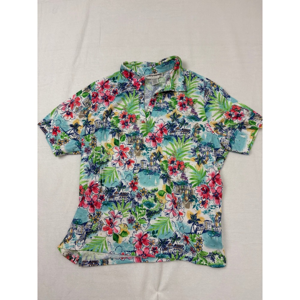 Cathy Daniels Womens Large Tropical Floral Sequin V-Neck Short Sleeve Blouse Top